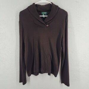Lauren Ralph Lauren‎ Brown Ribbed Shawl Neck Cotton Pullover Top Shirt Womens L